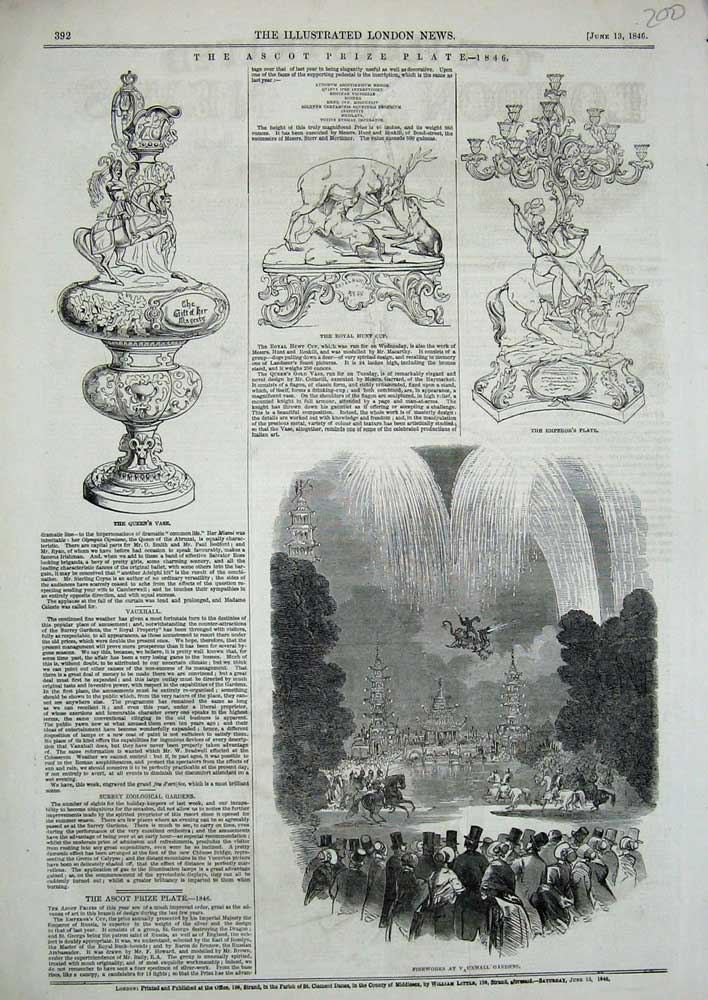 Old Antique Print 1846 Ascot Horse Races Prize Plate Fireworks Vauxhall 19th