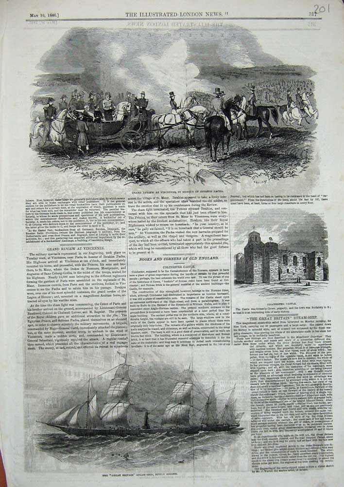 Old Antique Print Colchester Castle 1846 Vincennes Ibrahim Ship Britain 19th