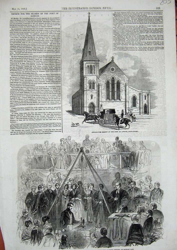 Old Antique Print 1846 Church Seamen Port London Prince Albert Foundation 19th
