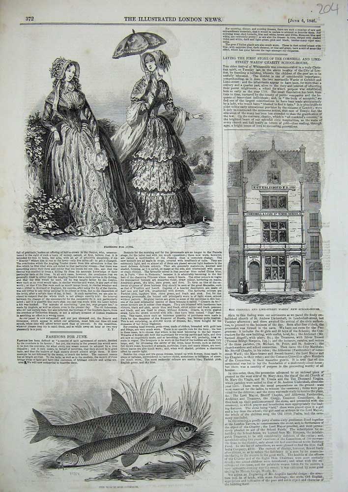Old Antique Print 1846 Womens Fashion Cornhill Lime School Roach Gudgeon 19th