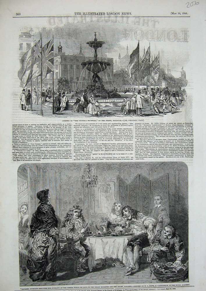 Old Antique Print 1846 Victoria Fountain Brighton Jourdain Belle Marquise 19th