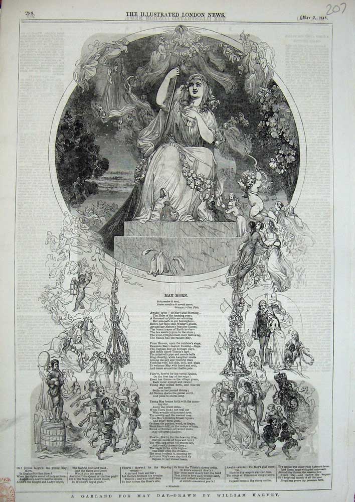 Original Old Antique Print 1846 Garland May William Harvey Poem Flowers 19th