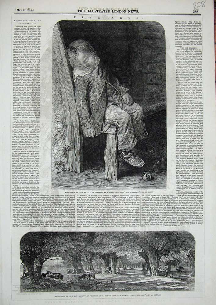 Old Antique Print 1846 Exhibition Art Water Colours Boy Sleeping Pastoral 19th