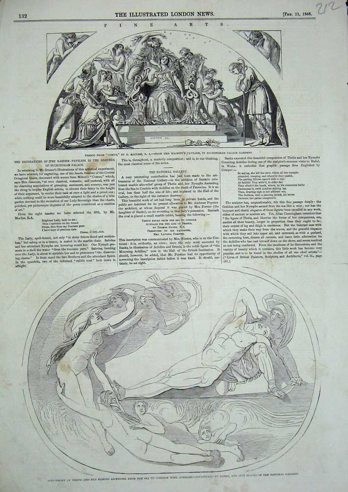 Original Old Antique Print 1846 Fresco Comus Buckingham Palace Sculpture Banks
