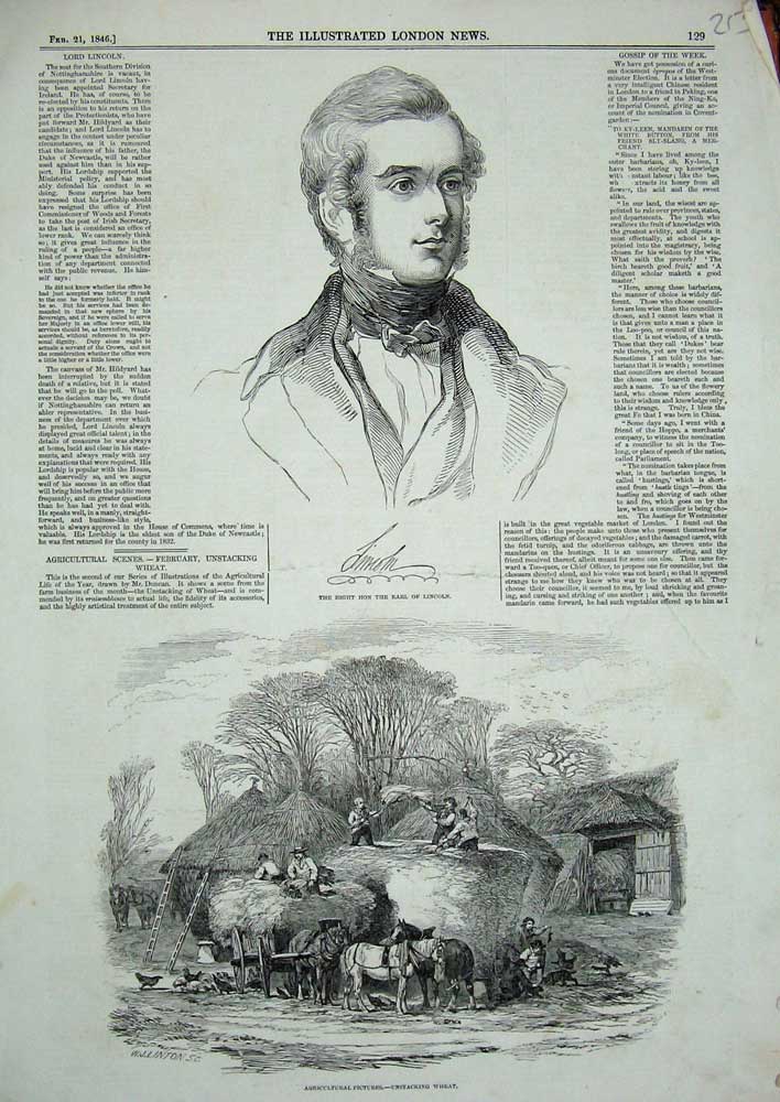 Original Old Antique Print 1846 Earl Lincoln Agricultural Unstacking Wheat Farm