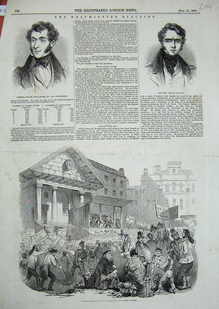 Original Old Antique Print 1846 Westminster Election Covent Garden Evans Rous