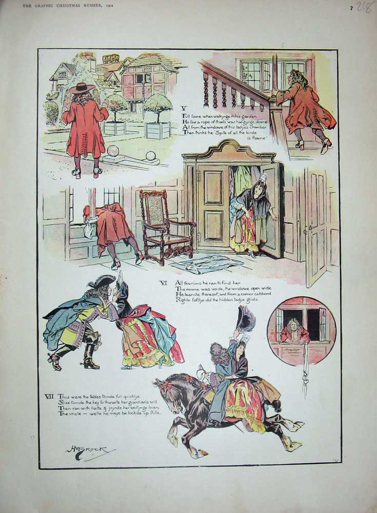 Original Old Antique Print 1901 Colour Man Woman Romance House Window Victorian