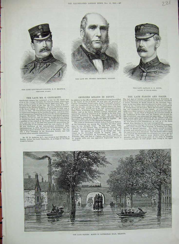 Old Antique Print 1882 Floods Caversham Reading Critchett Balfour Jones 19th
