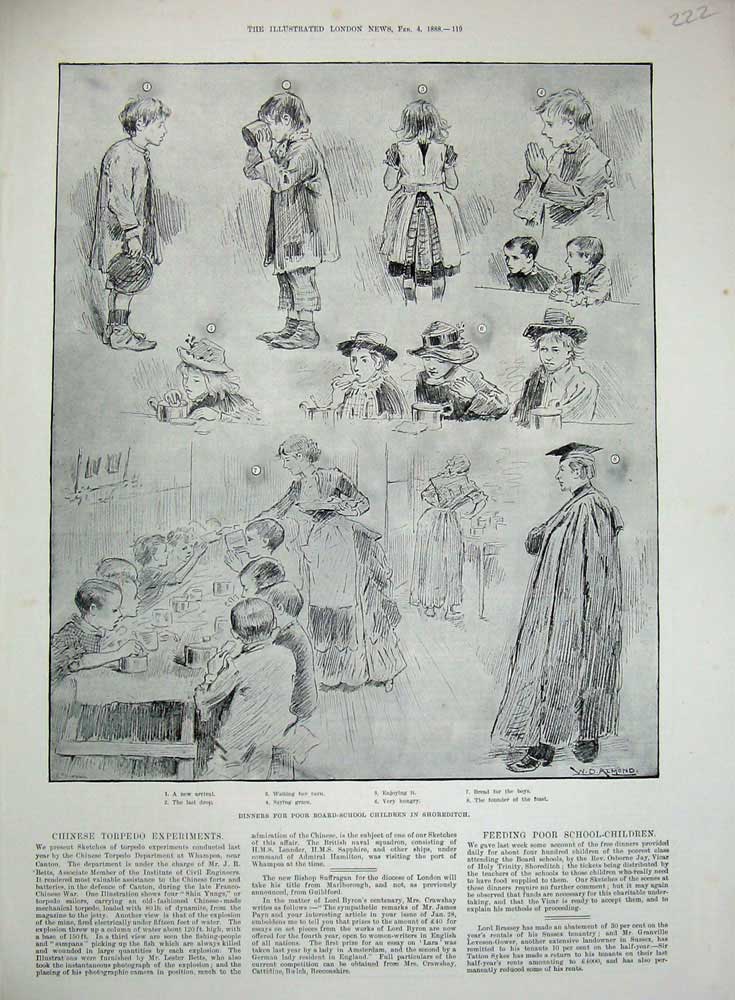 Old Antique Print *973 1888 Dinners Poor Board School Children Shoreditch