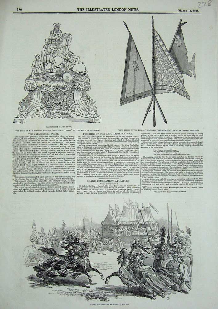 Old Antique Print Tournament Caserta Naples 1846 Silver Plate Flags War 19th
