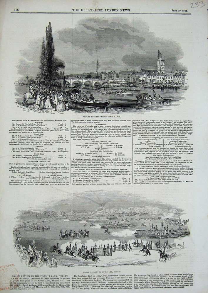 Original Old Antique Print 1844 Henley Regatta Phoenix Park Dublin Siers Review