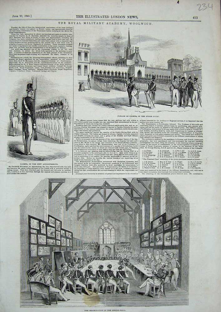 Old Antique Print 1844 Royal Military Acadmey Woolwich Cadets Army Boys 19th