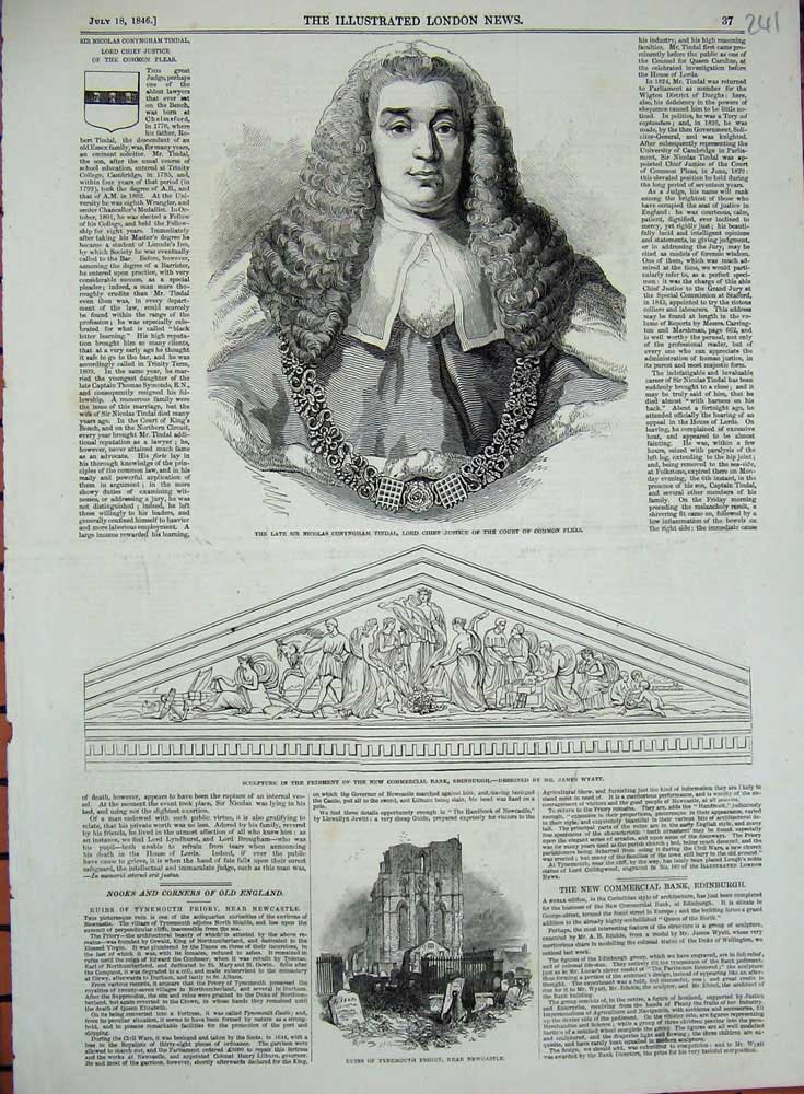 Original Old Antique Print 1846 Sir Tindal Lord Justice Court Tynemouth Priory