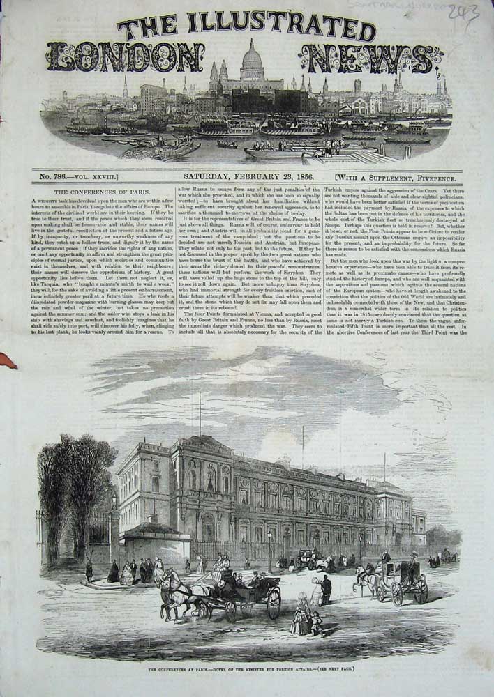 Original Old Antique Print 1856 Conference Paris Hotel Minister Foreign Affairs