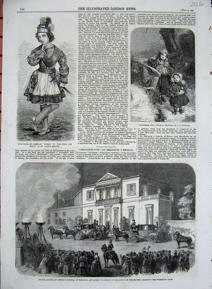 Original Old Antique Print 1859 Prince Alfred Athens King Edgar James'S Theatre