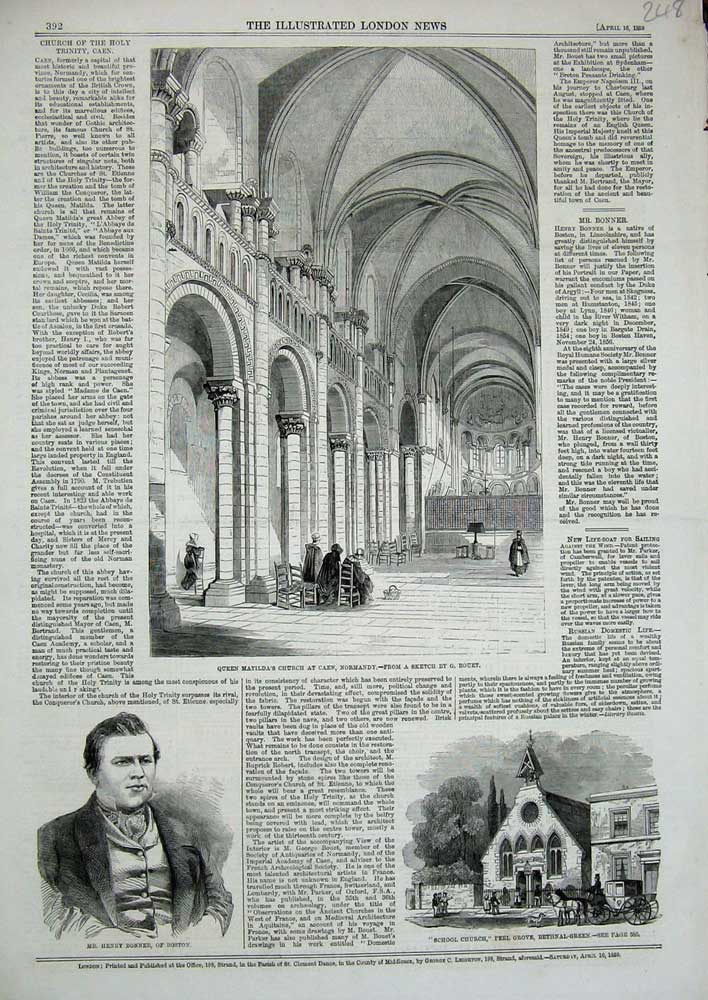 Original Old Antique Print 1859 Queen Matilda Church Caen Bonner Boston School
