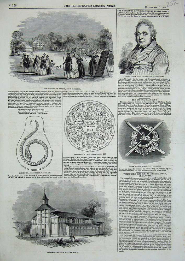 Original Old Antique Print 1844 Church Kentish Governor Richmond Sculls Prize