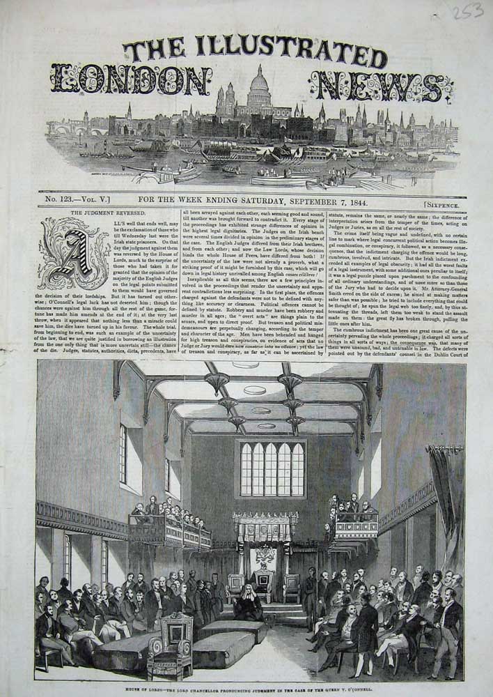 Original Old Antique Print 1844 House Lords Lord Chancellor Queen O'Connell