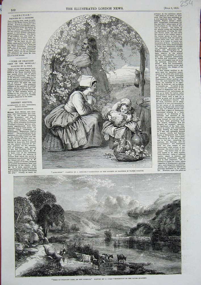 Original Old Antique Print 1853 Yoke Draught Oxen Miselle River Children Mother
