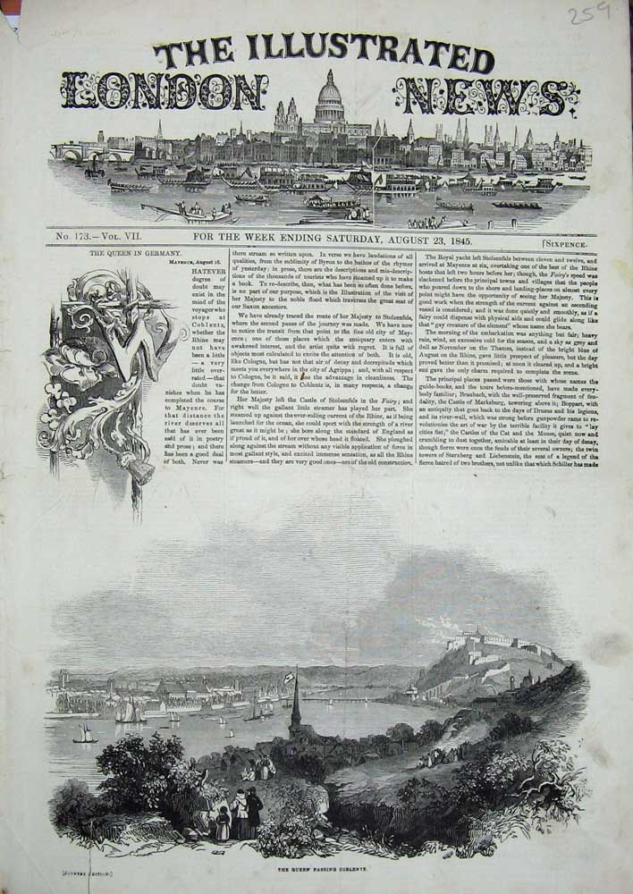 Original Old Antique Print 1845 Queen Passing Coblentz Germany Royal Yacht 19th