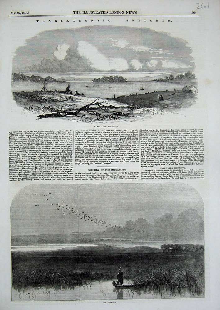 Original Old Antique Print Sandy Lake Minnesota 1858 Iowa Prairie America 19th