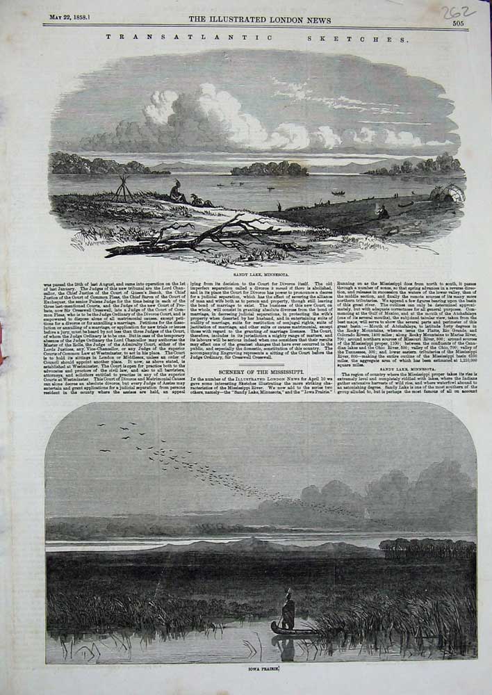 Old Antique Print Ref.976 Sandy Lake Minnesota 1858 Iowa Prairie America