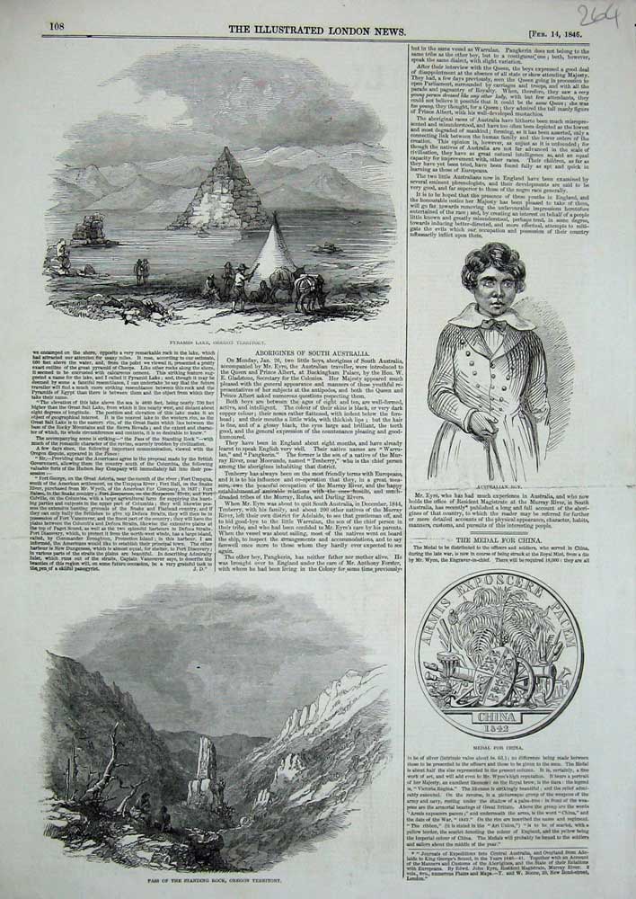 Old Antique Print 1846 Pyramid Lake Oregon Australian Boy Standing Rock 19th
