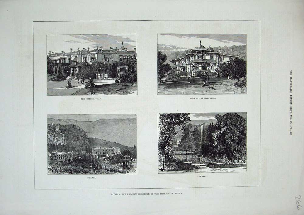 Original Old Antique Print 1876 Livadia Crimean Residence Emperor Russia Villa