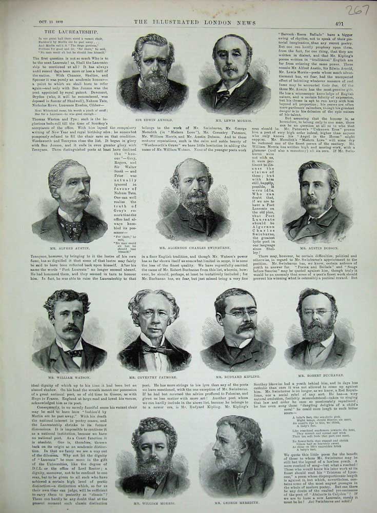 Original Old Antique Print 1892 Poets ArnMorris Meredith Kipling Austin Dobson
