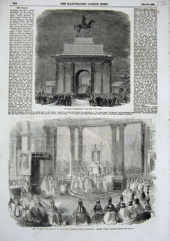Old Antique Print 1856 Green Park Arch Roman Catholic Church Moorfields 19th