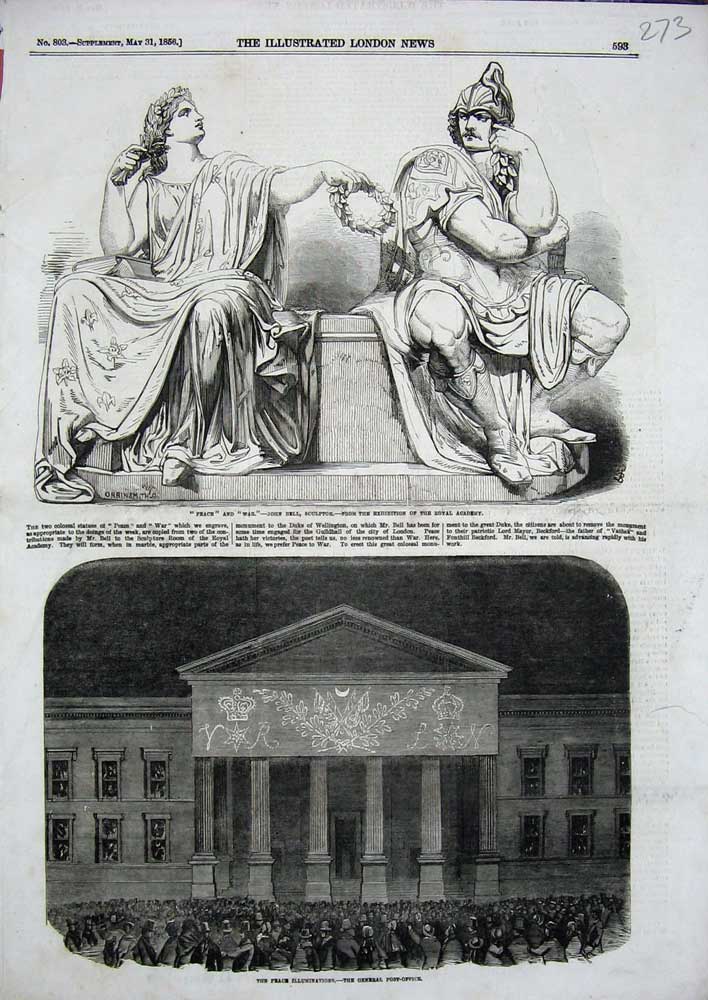Original Old Antique Print 1856 Peace War John Bell Sculptor Statue Post Office
