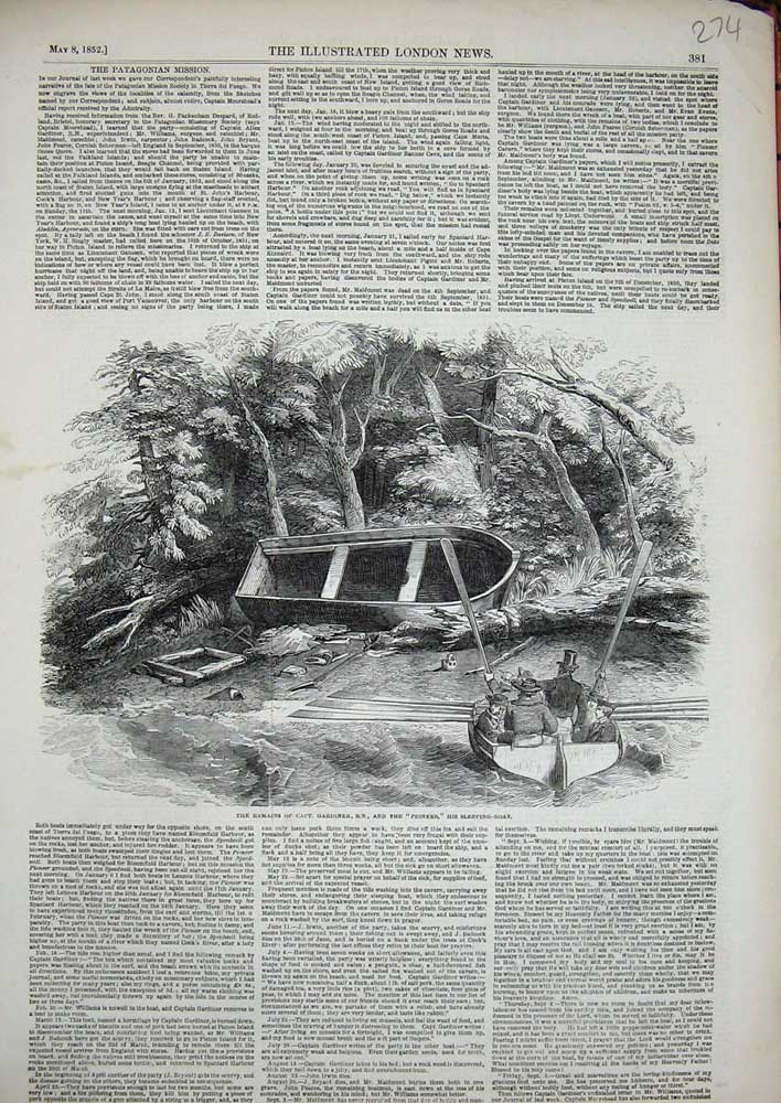 Old Antique Print 1852 Captain Gardener Pionerr Sleeping Boat Trees River 19th
