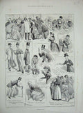 Original Old Antique Print 1884 Christmas Cards Families Postman Letter 19th