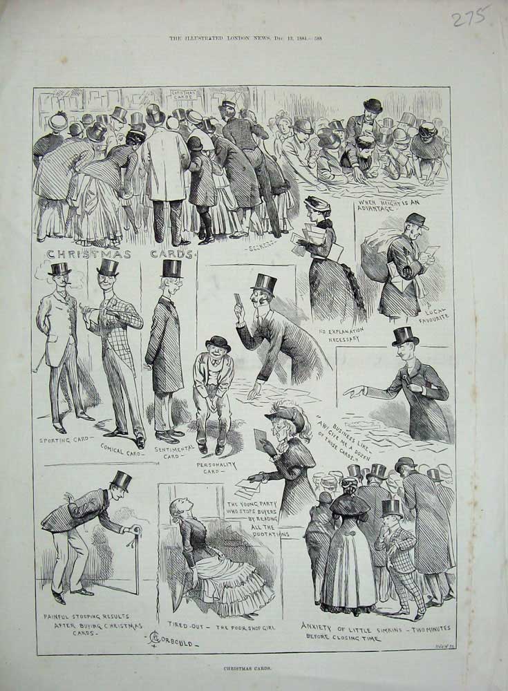 Original Old Antique Print 1884 Christmas Cards Families Postman Letter 19th