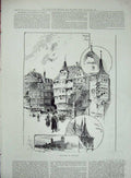 Original Old Antique Print 1891 Germant Nuremburg Castle Iriel Window Strasburg