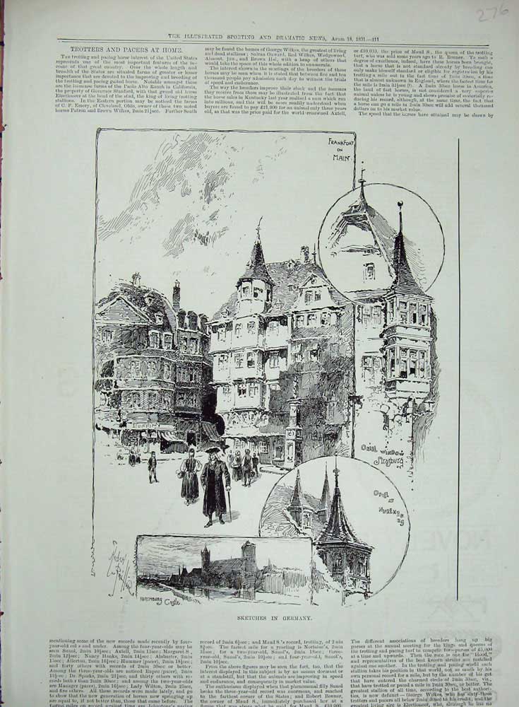 Original Old Antique Print 1891 Germant Nuremburg Castle Iriel Window Strasburg
