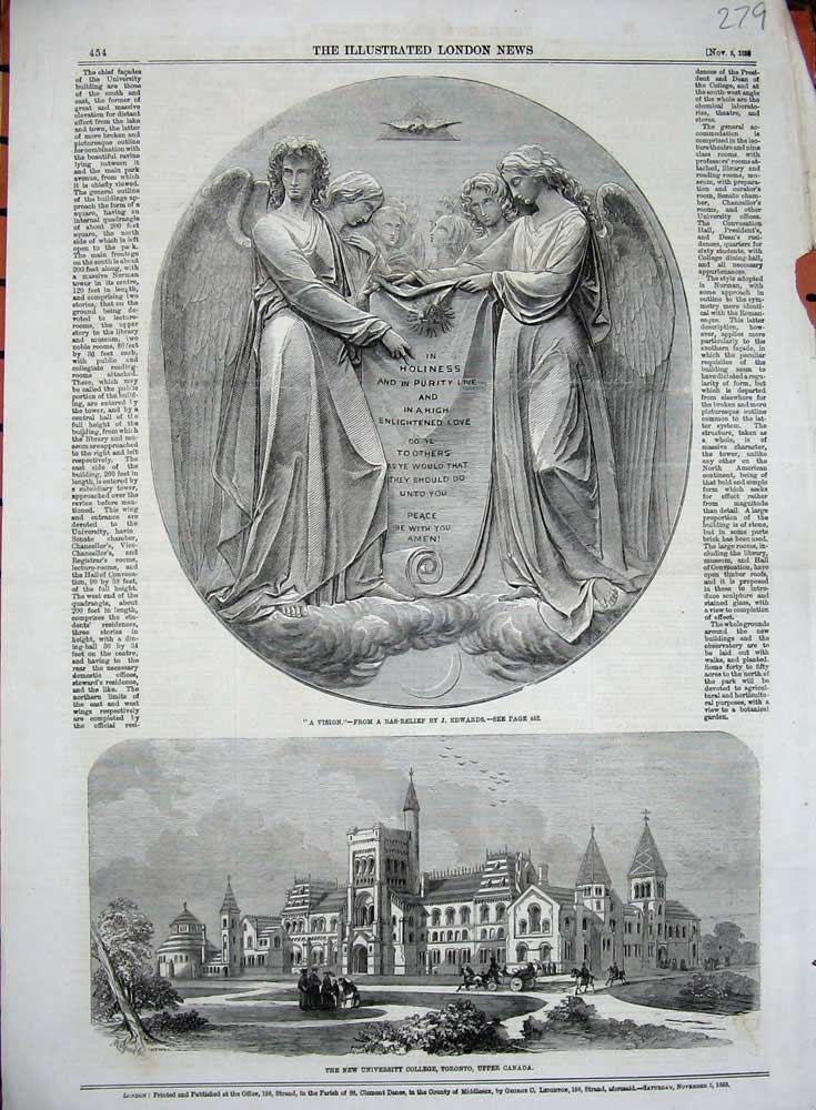 Original Old Antique Print 1859 Statue New University College Toronto Canada