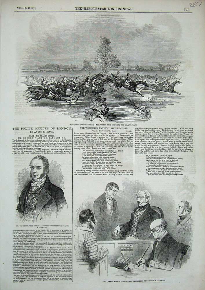 Old Antique Print 1846 Worcester Steeple Chase Horses Thames Police Sport 19th