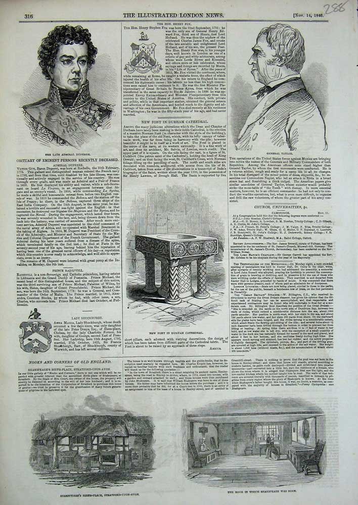Old Antique Print 1846 Font Durham Cathedral Shakspeare Stratford Taylor 19th