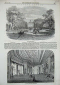 Original Old Antique Print 1846 Windsor Castle Long Walk Crimson Drawing Room
