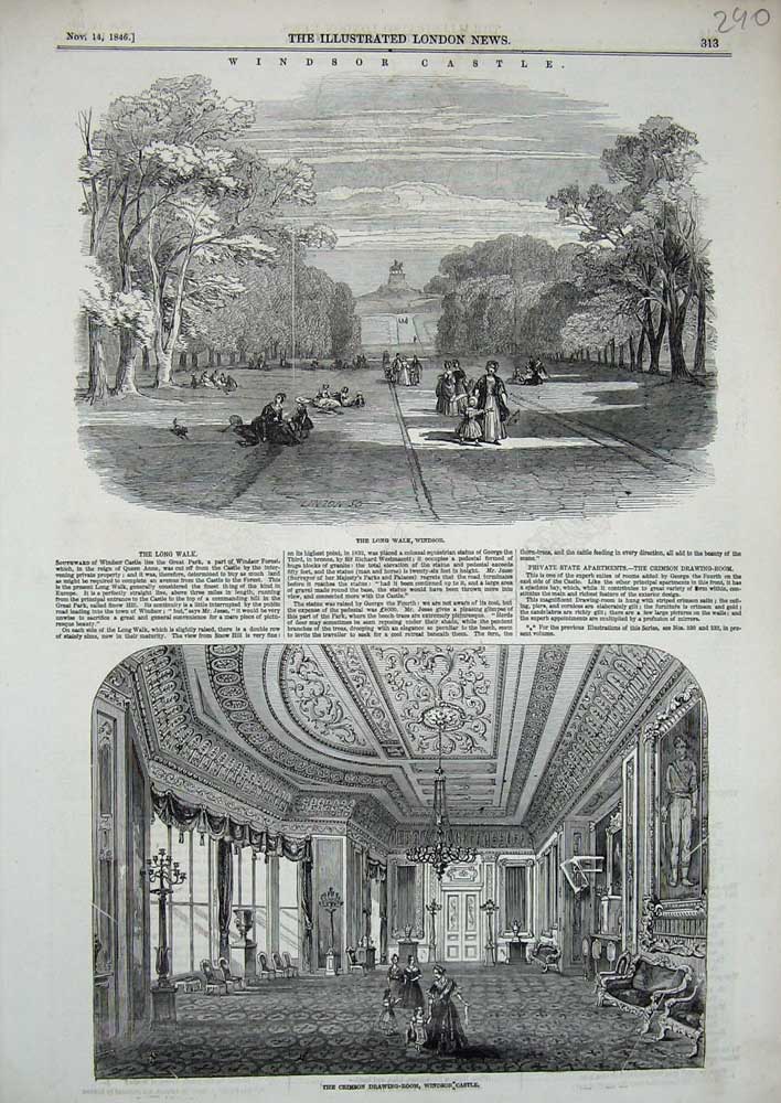 Original Old Antique Print 1846 Windsor Castle Long Walk Crimson Drawing Room