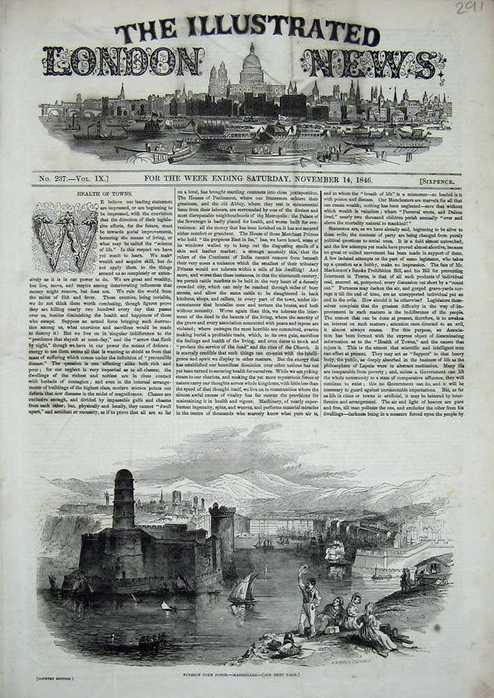 Old Antique Print 1846 Foreign Corn Ports Maseilles France Ships Mountain 19th