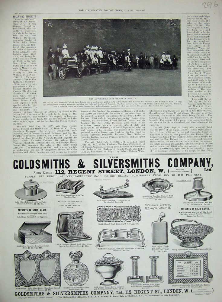 Original Old Antique Print 1898 Automobile Club Britain Advertisement Gsmiths
