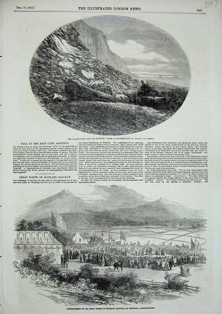 Original Old Antique Print Fallen Cliff Hastings 1852 Scotland Railway Aberdeen