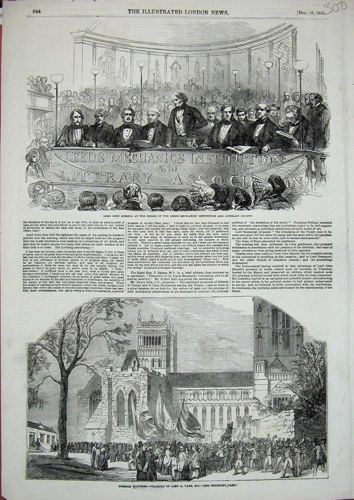 Old Antique Print 1852 Lord Russell Leeds Machanics Durham Elections Vane 19th