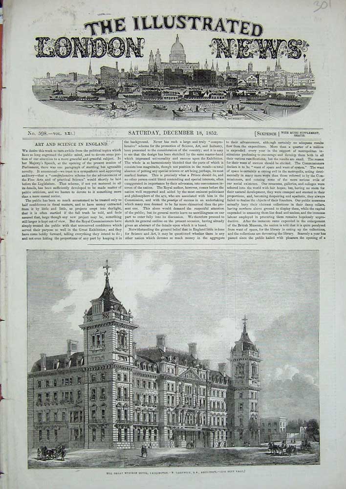 Old Antique Print 1852 Great Western Hotel Paddington Architecture London 19th