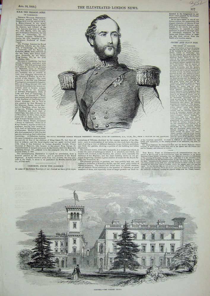 Original Old Antique Print Osbourne 1850 George William Charles Duke Cambridge