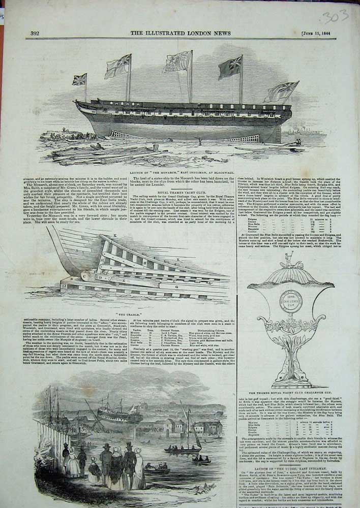 Old Antique Print 1844 Ship Monarch Cradle Tudor Yacht Club Challenge Cup 19th