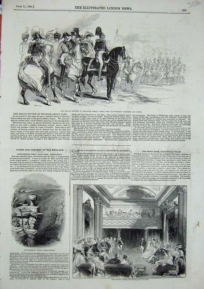 Original Old Antique Print 1844 Grand Review Windsor Park Grinsbrook Buckingham