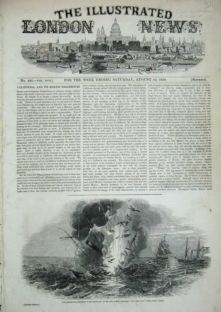 Old Antique Print 1850 Schleswig-Holstein War Ship Screw Steamer Von Tan 19th